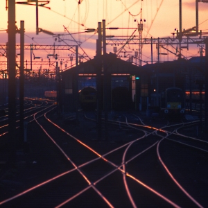 Sunset over the tracks at a major railway junction