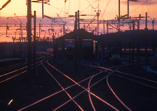 Sunset over the tracks at a major railway junction