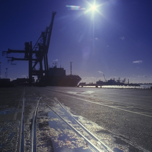 A sunlit dockyard with large dockside cranes in the background