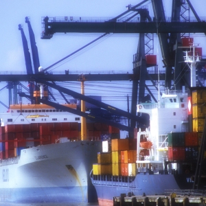 Ships and cranes lined up at a large container port