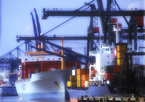 Ships and cranes lined up at a large container port