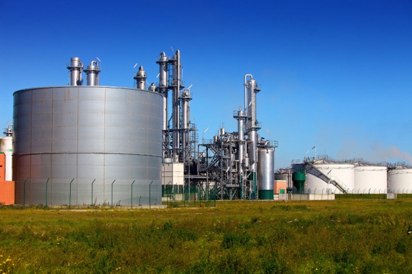 A tank farm, chemical refinery and silos