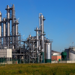 A chemical refinery with a tank farm