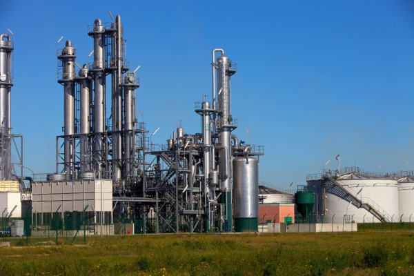 A chemical refinery with a tank farm