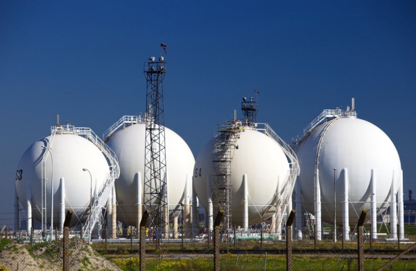 White spherical storage tanks at a petrochemicals plant