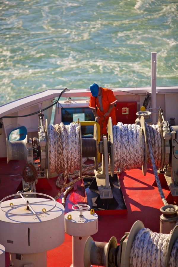 A deckhand on a North Sea ferry at work