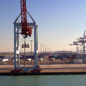 Dockside cranes at a modern container distribution port