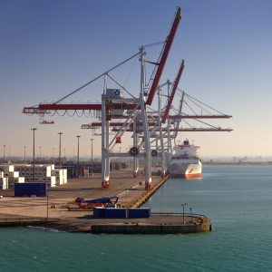 Container ship being unloaded at port