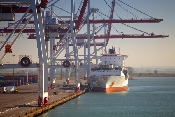 A container ship moored and ready for unloading at a container terminal