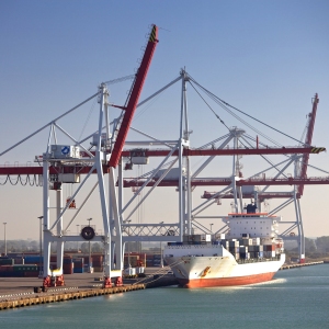 A container ship at port waiting to be unloaded with surrounding