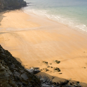 The empty golden sands at Watergate Bay in Cornwall