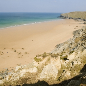 A view across the rocks at Watergate Bay in Cornwall