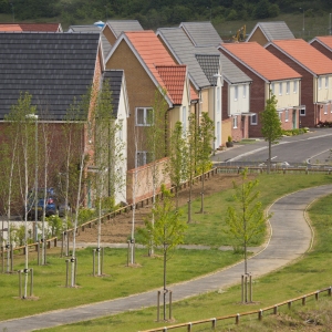 A completed new greenfield housing development with landscaping