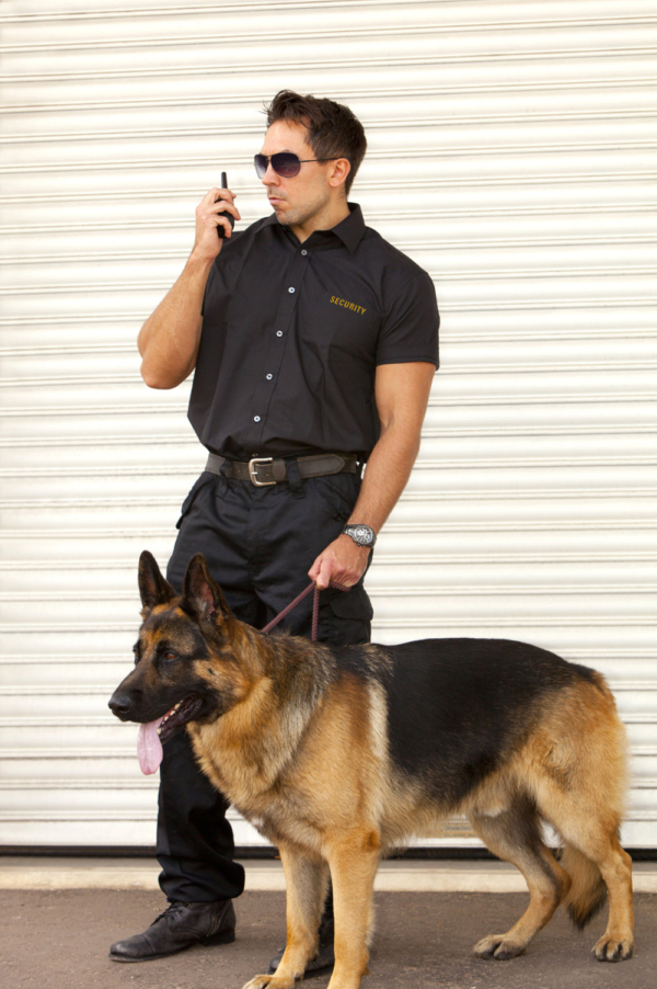 A security guard with German Shepherd guard dog in front of a roller shutter security door