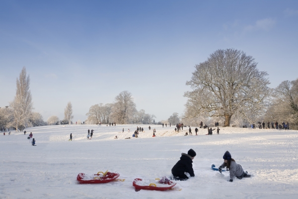 People of all ages enjoying a rare snowfall