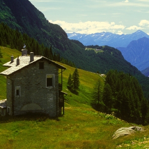 A house or hay barn in the high italian alps