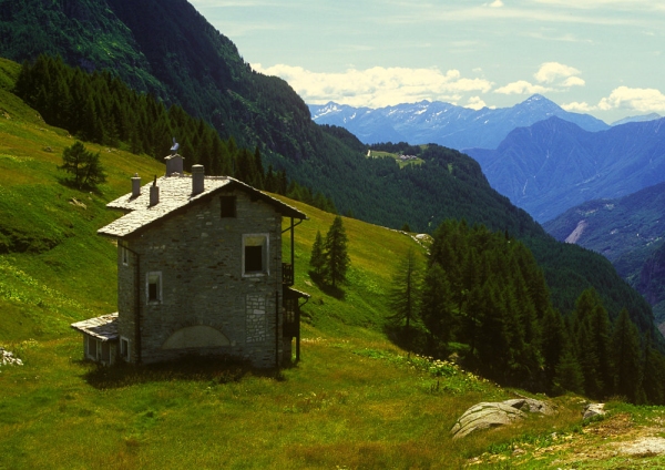 A house or hay barn in the high italian alps