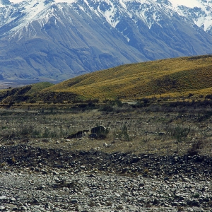 Snow covered mountains in a stark New Zealand landscape