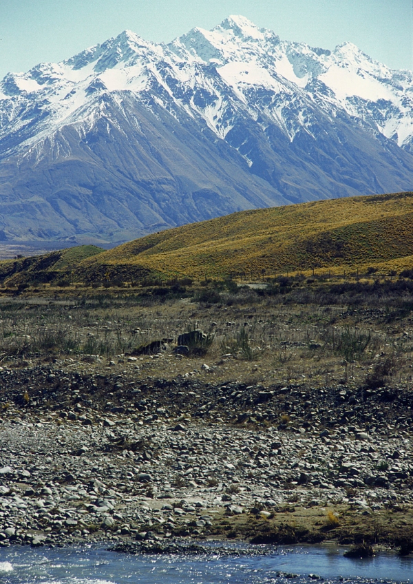 Snow covered mountains in a stark New Zealand landscape