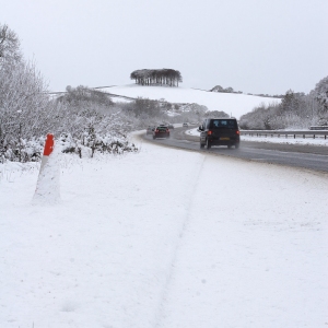 A snow covered winter road in South West England