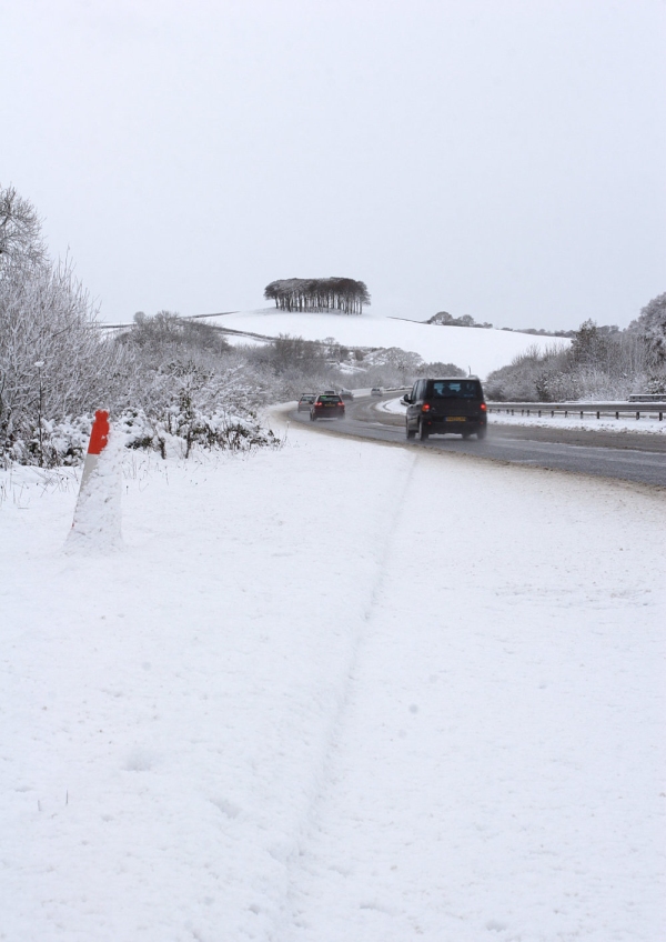 A snow covered winter road in South West England