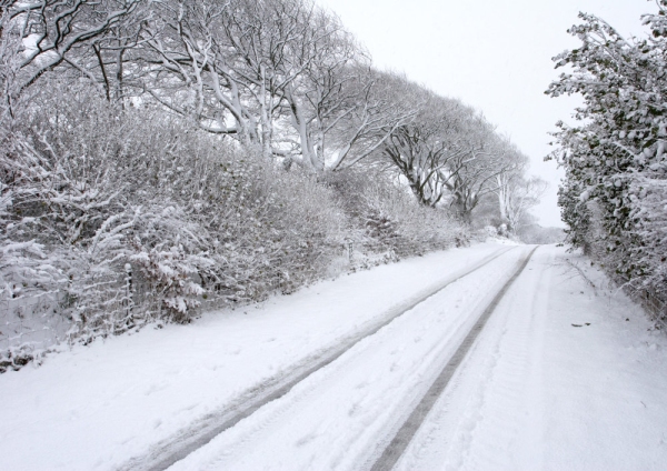 vehicle tracks on a snow covered country road