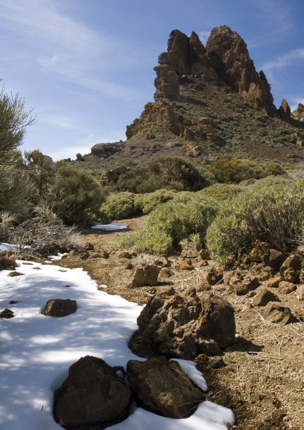 A mountain desert landscape with snow