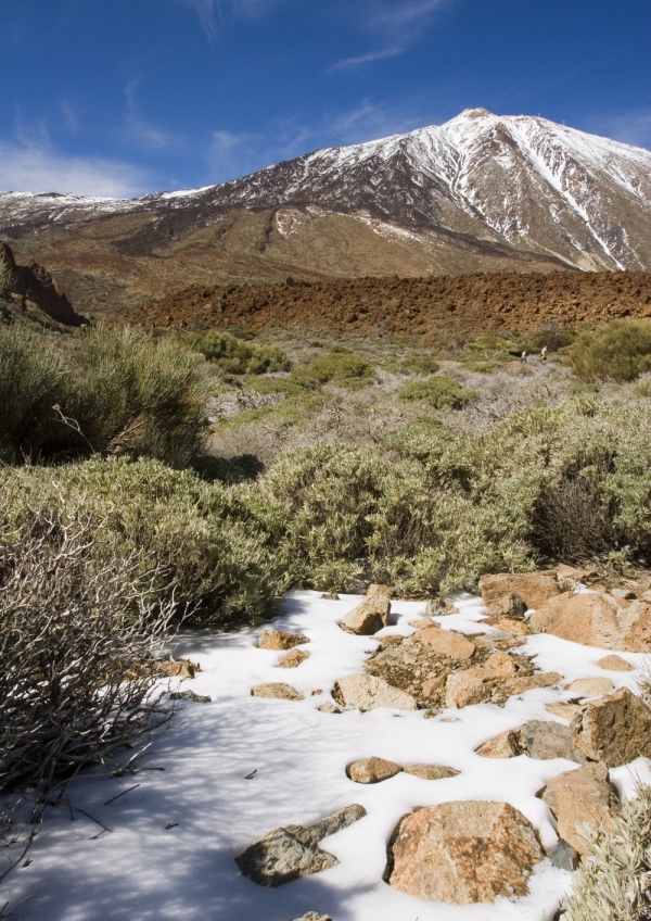 An arid Tenerife mountain landscape with El Teide in the distance