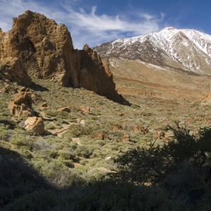 Rocks in a Tenerife mountain desert with El Teide in the distance