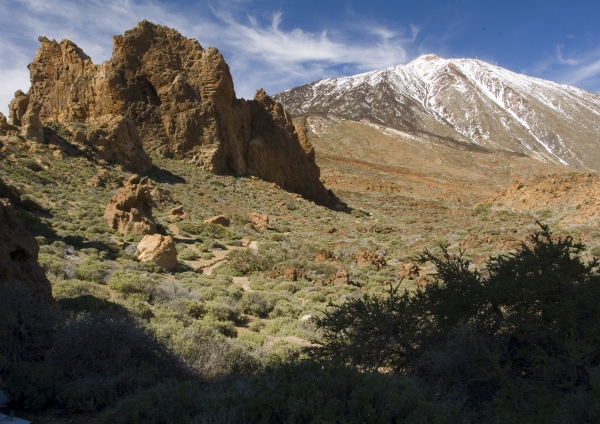 Rocks in a Tenerife mountain desert with El Teide in the distance