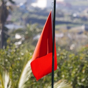 A red flag on a pole with out of focus background