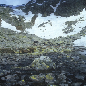 Snow covered mountains in the Italian alps, with a rocky stream in the foreground