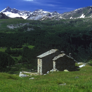 Stone shepherd's huts in the Italian alps