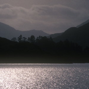 A winter sunset landscape on Ullswater in the Lake District