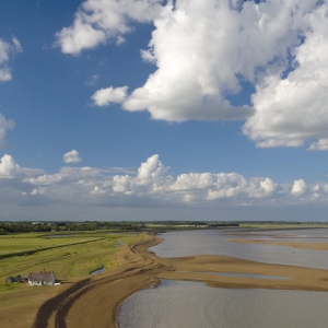 Aerial view of the sand and river alde estuary at shingle street, suffolk