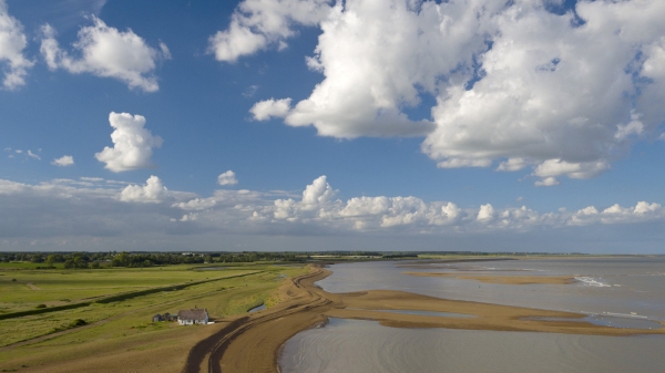 Aerial view of the sand and river alde estuary at shingle street, suffolk