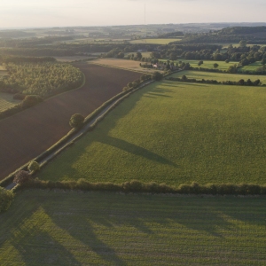 An aerial photo of arable farmland on the Lincolnshire Wolds on a summer evening