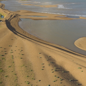 aerial view of the the shingle banks at the mouth of the river alde on the suffolk coast