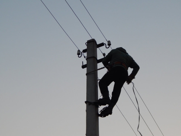 Electrician or telecommunications engineer working on a telegraph pole