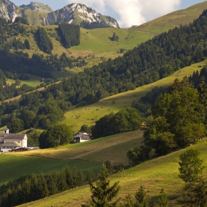 The church in the alpine village of Montmin with Le Bois in the background