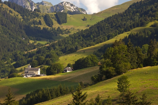 The church in the alpine village of Montmin with Le Bois in the background