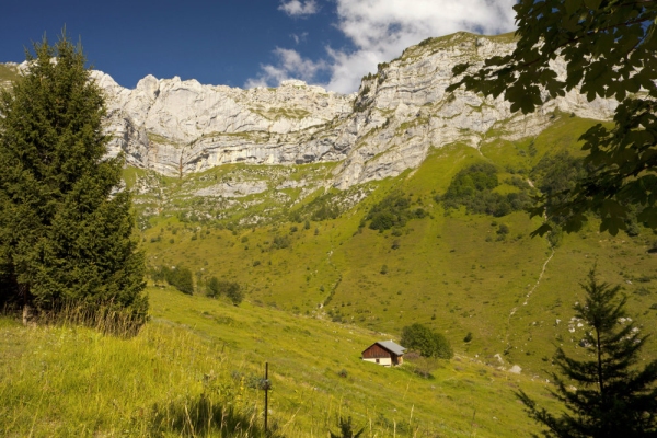 A rugged range of rock faces near Le Bois in the French Alps