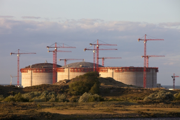 Industrial oil or chemical storage tanks on the coast