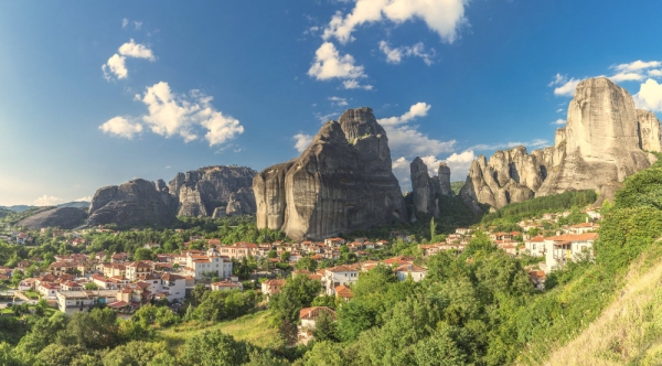 Kastraki, Greece - 07.04.2018. Panoramic view of the Kastraki village at the foot of the Meteora Mountains in Greece on a sunny summer day