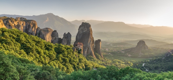 Panoramic view of the Rousanou Monastery in Meteora, Kalambaka town in Greece, on a sunny summer evening