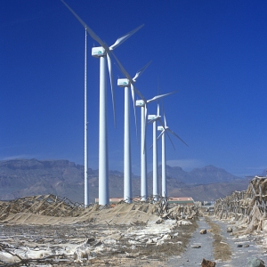 White windmills in the desert