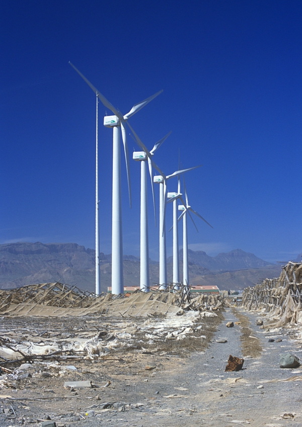 White windmills in the desert