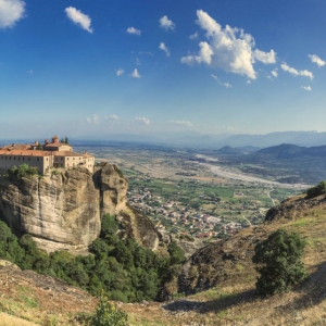 Panoramic view of the Varlaam Monastery in Meteora, Kalambaka town in Greece, on a sunny summer day