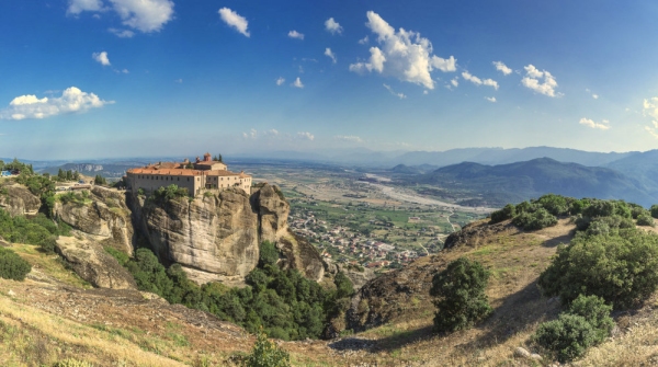 Panoramic view of the Varlaam Monastery in Meteora, Kalambaka town in Greece, on a sunny summer day