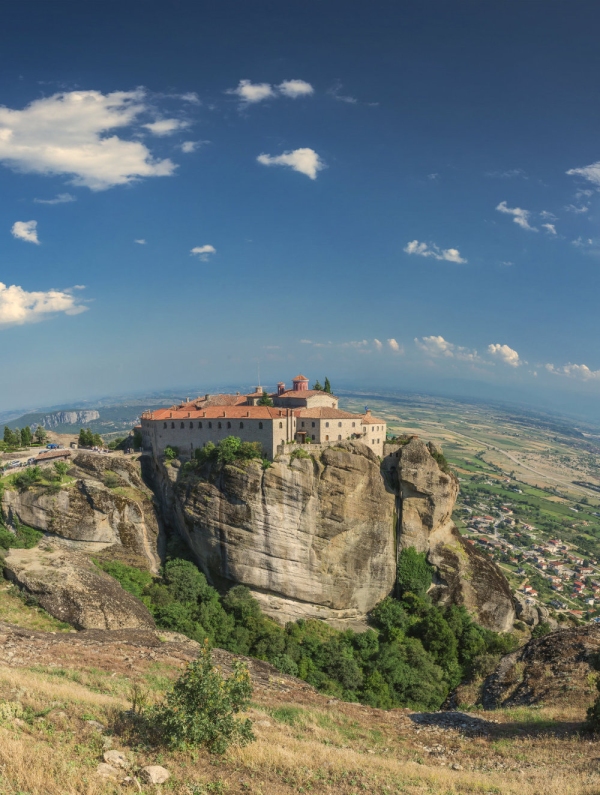 Panoramic view of the Varlaam Monastery in Meteora, Kalambaka town in Greece, on a sunny summer day